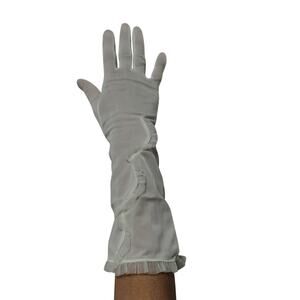 Vintage Sheer Ribbon Adorned Cream Long Gloves Scalloped Design Across Top Arm